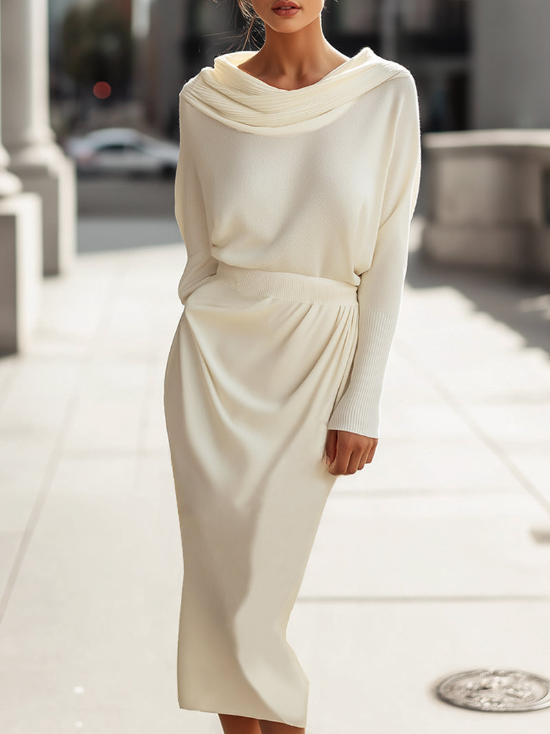 Elegant Draped Scarf Neck Knit Midi Skirt Set