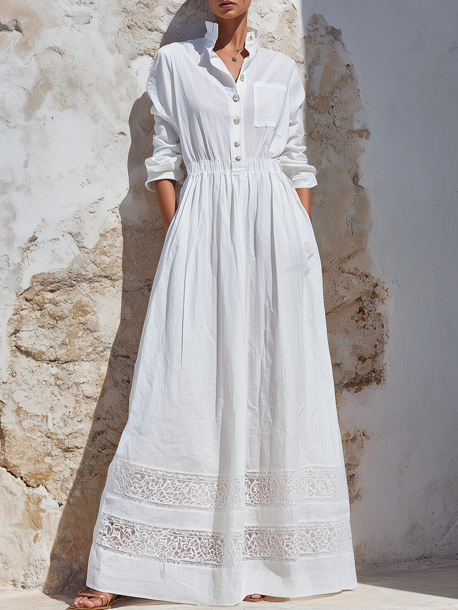 Lace-Trim Button-Front Maxi Shirt Dress