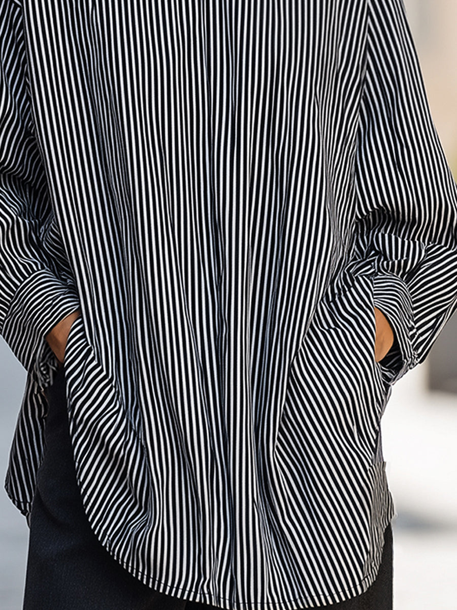 Black & White Vertical Stripe High-Neck Blouse