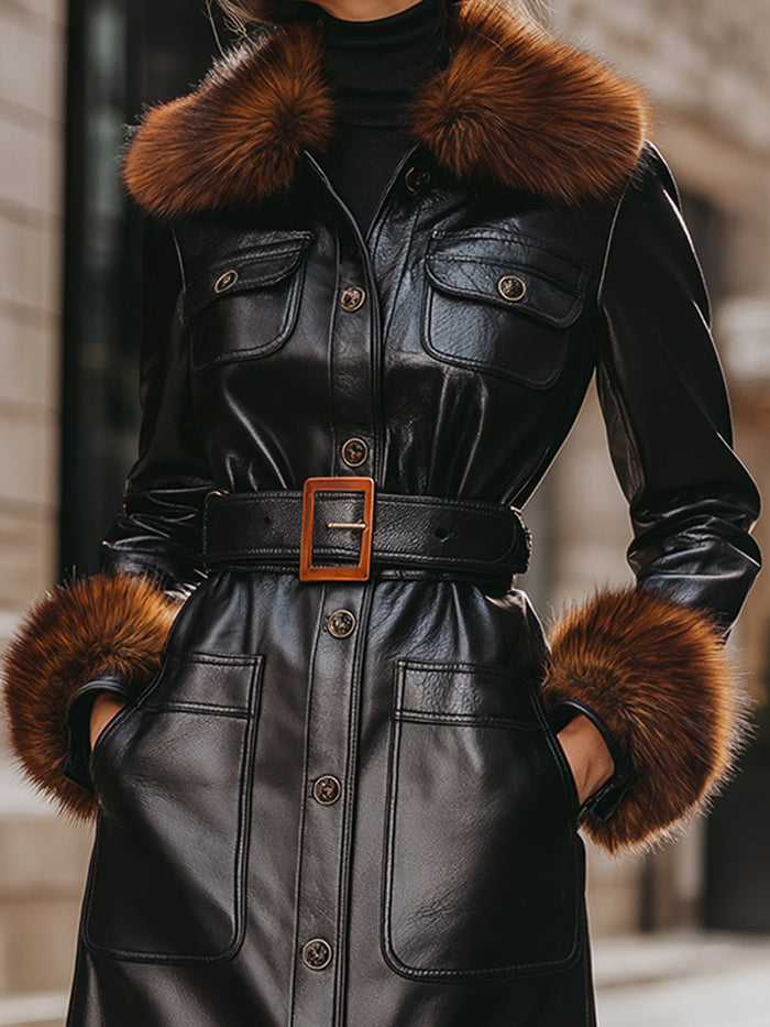 Black Faux Leather Coat With Fur Trim