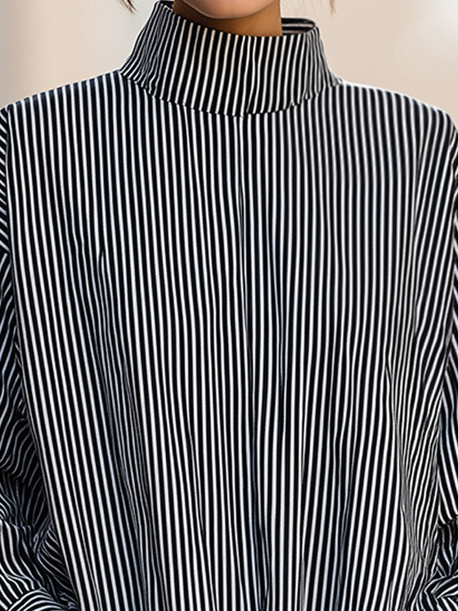 Black & White Vertical Stripe High-Neck Blouse