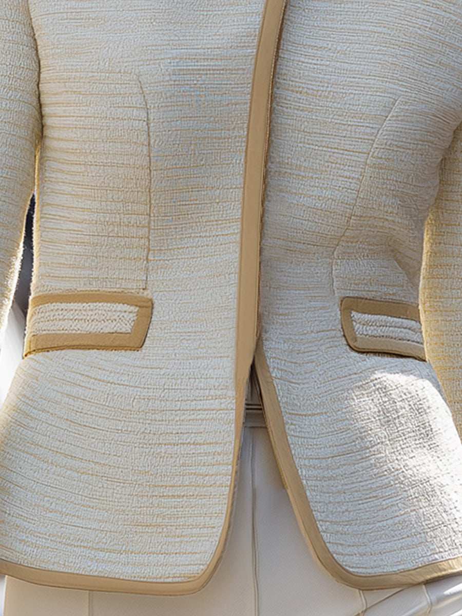 Elegant Cream Textured Tweed Jacket With Contrast Trim
