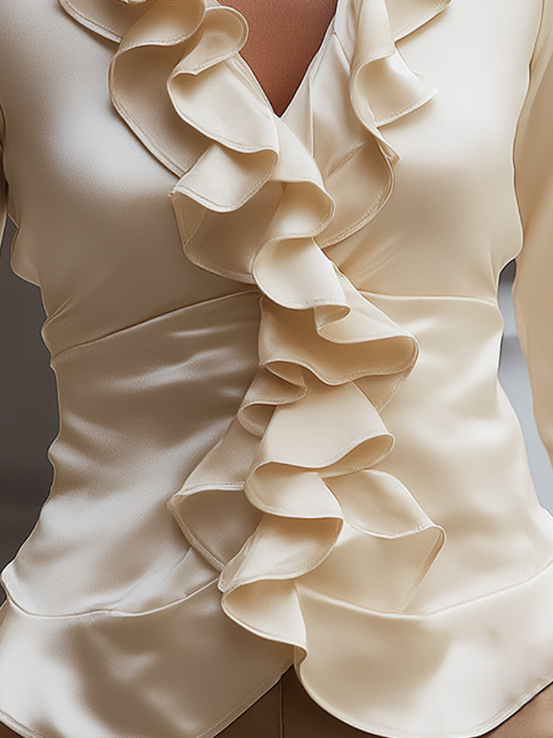 Champagne Silk Ruffle Front Blouse