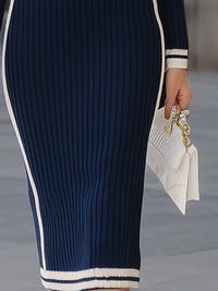 Navy And Ivory Contrast Trim Ribbed Knit Midi Dress