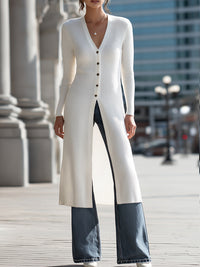 Longline Ribbed Knit Button-Front Cardigan