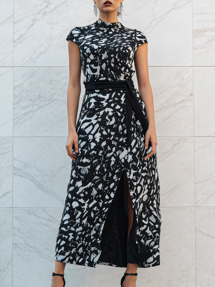 Abstract Print Belted Maxi Dress