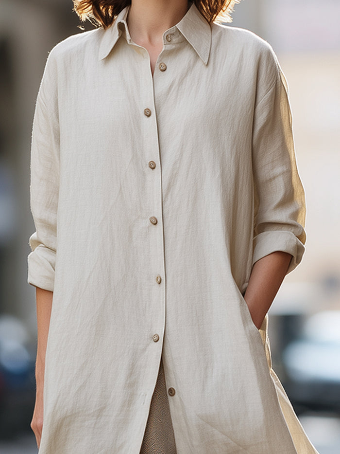 Relaxed Linen Button-Down Long Shirt Dress
