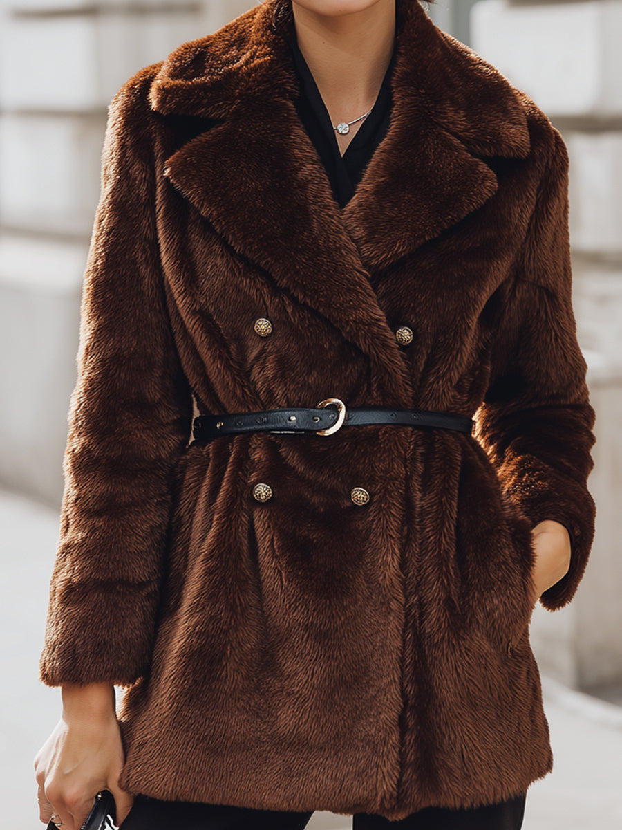 Chocolate Faux Fur Double-Breasted Coat With Belt