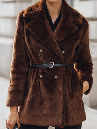 Chocolate Faux Fur Double-Breasted Coat With Belt
