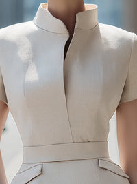 Ivory Stand-Collar Tailored Sheath Dress