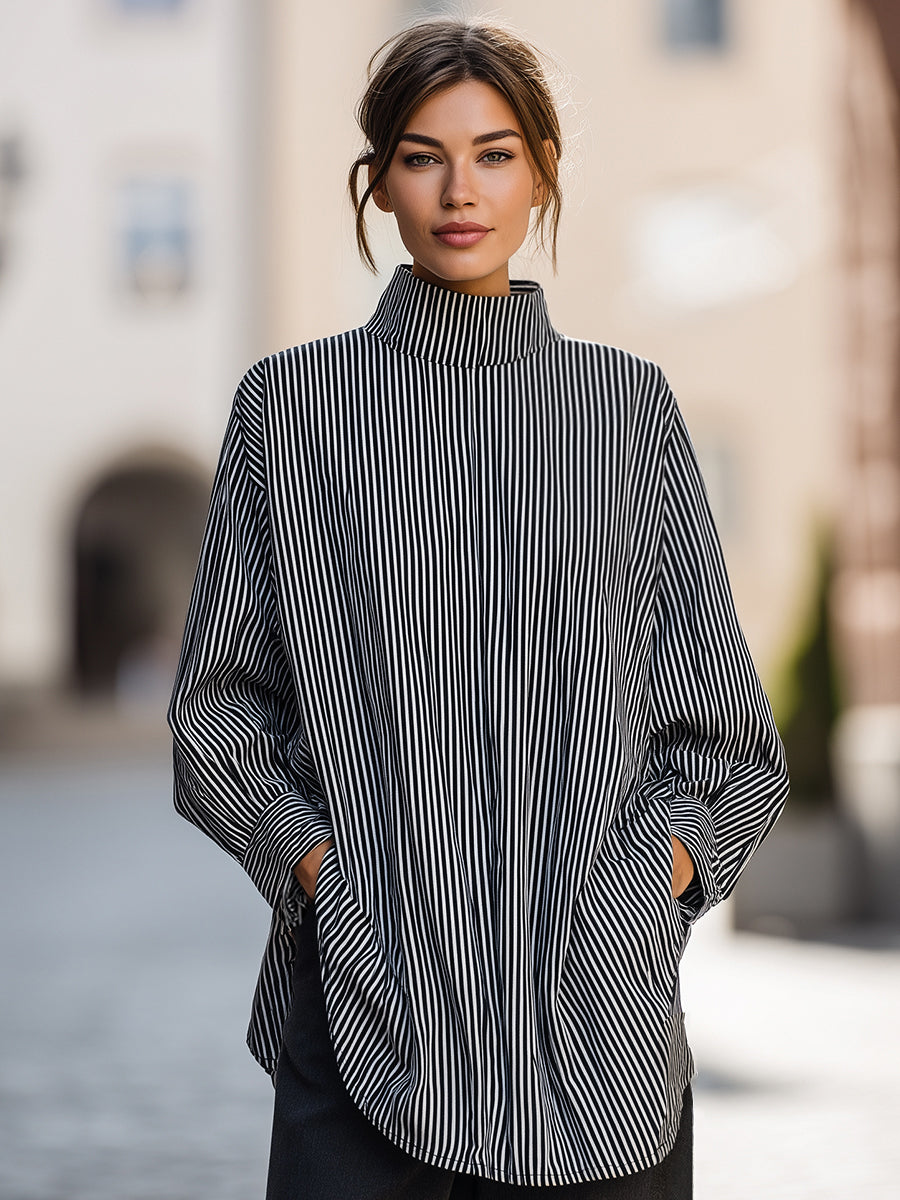 Black & White Vertical Stripe High-Neck Blouse