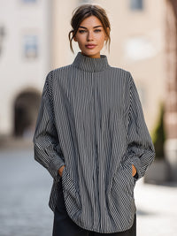 Black & White Vertical Stripe High-Neck Blouse