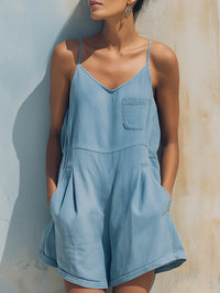 Sleeveless Drawstring Waist Relaxed Denim Romper