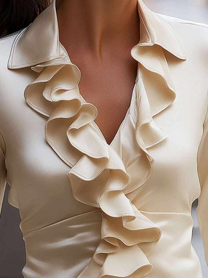 Champagne Silk Ruffle Front Blouse