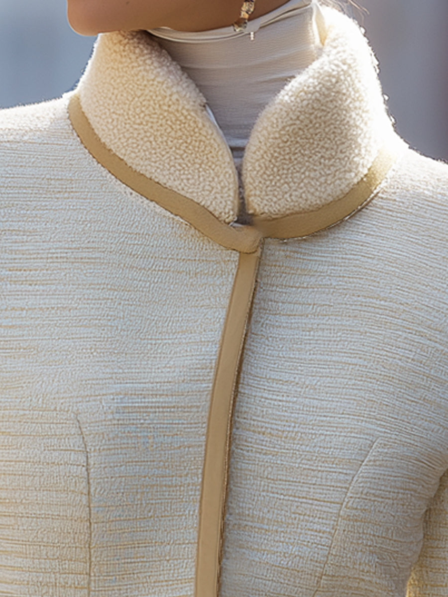 Elegant Cream Textured Tweed Jacket With Contrast Trim