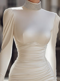 High-Neck Ruched Satin Midi Dress With Crystal Embellishments