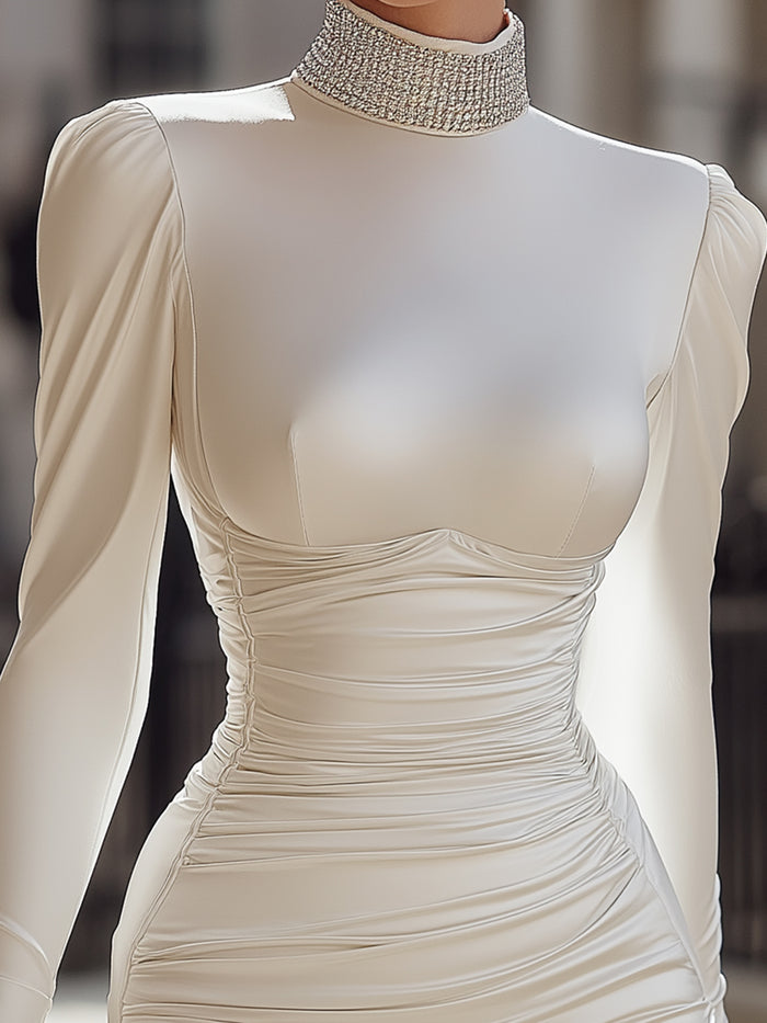 High-Neck Ruched Satin Midi Dress With Crystal Embellishments