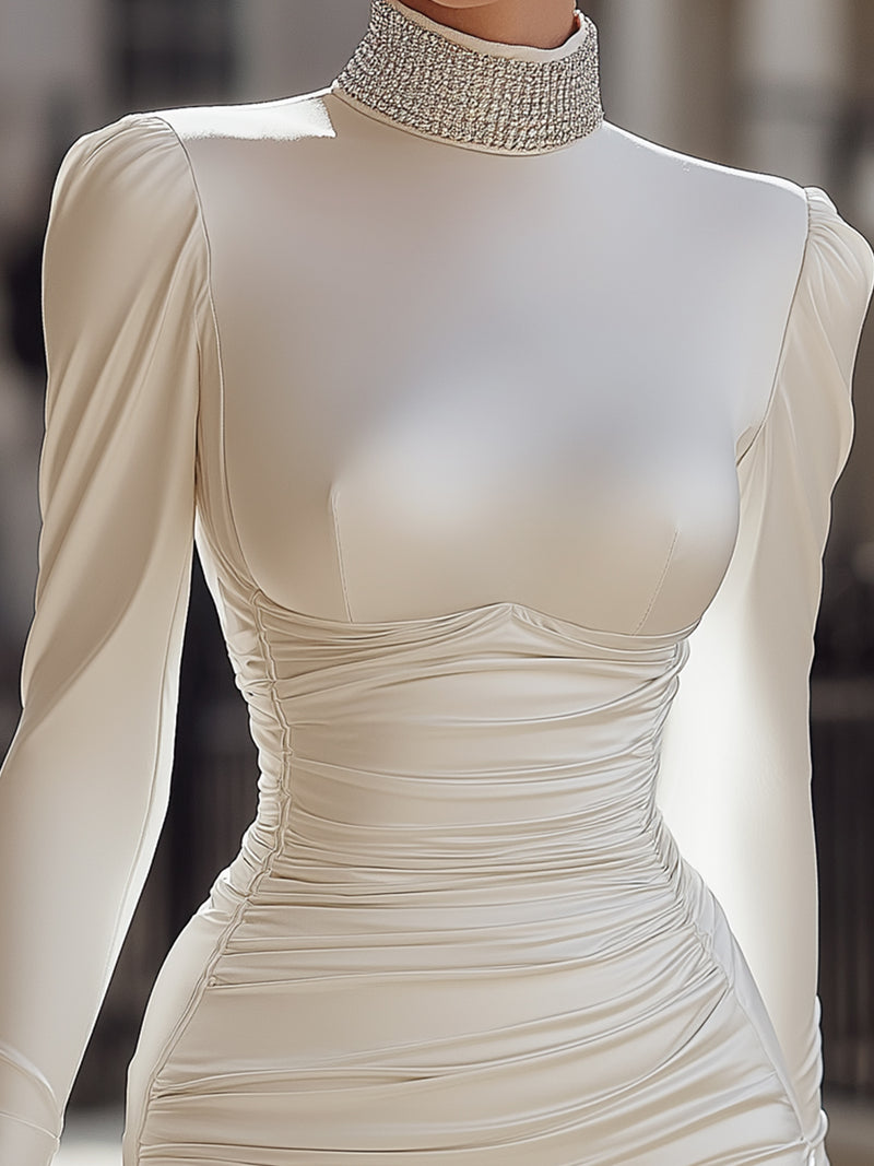 High-Neck Ruched Satin Midi Dress With Crystal Embellishments