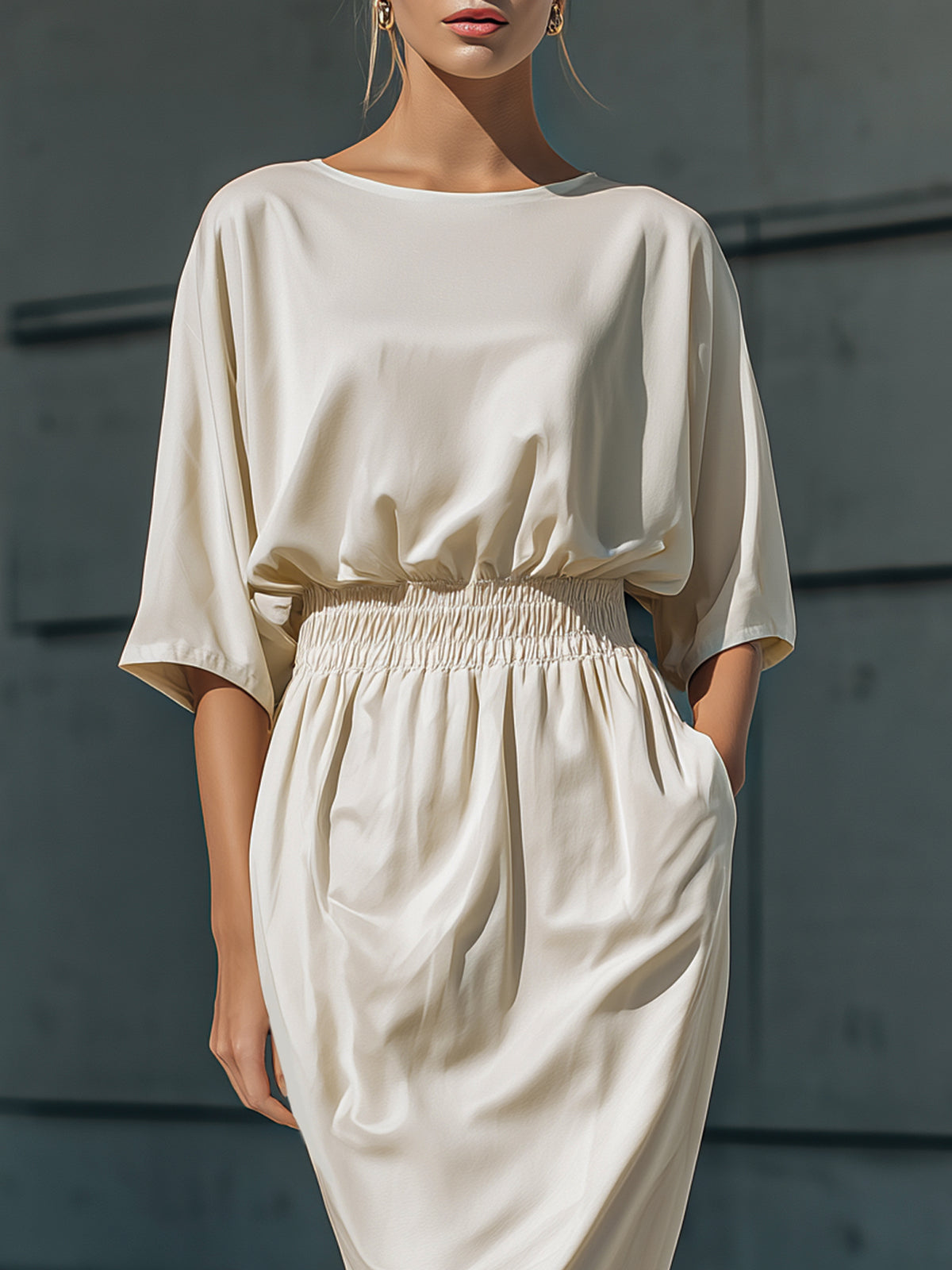 Relaxed Waist-Gathered Midi Dress With Draped Sleeves