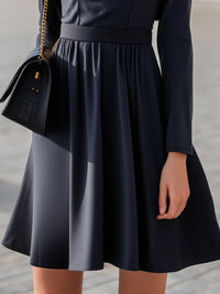 Black Long-Sleeve A-Line Dress With Defined Waist