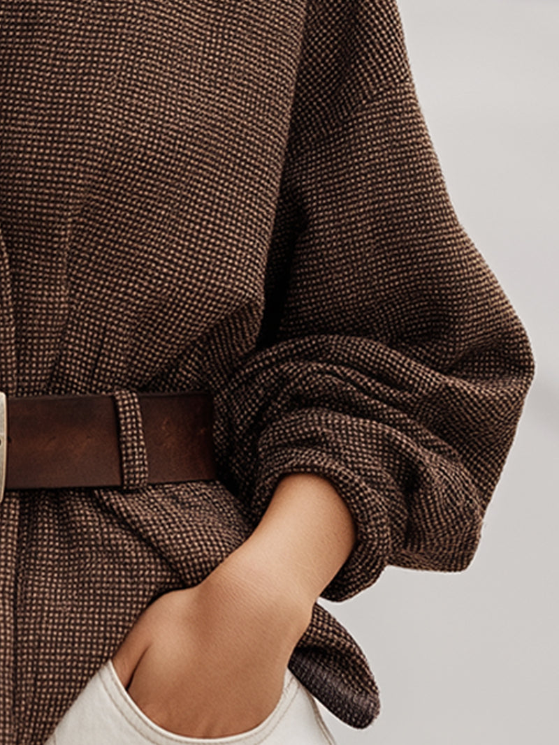 Textured Brown Belted Jacket With High Collar