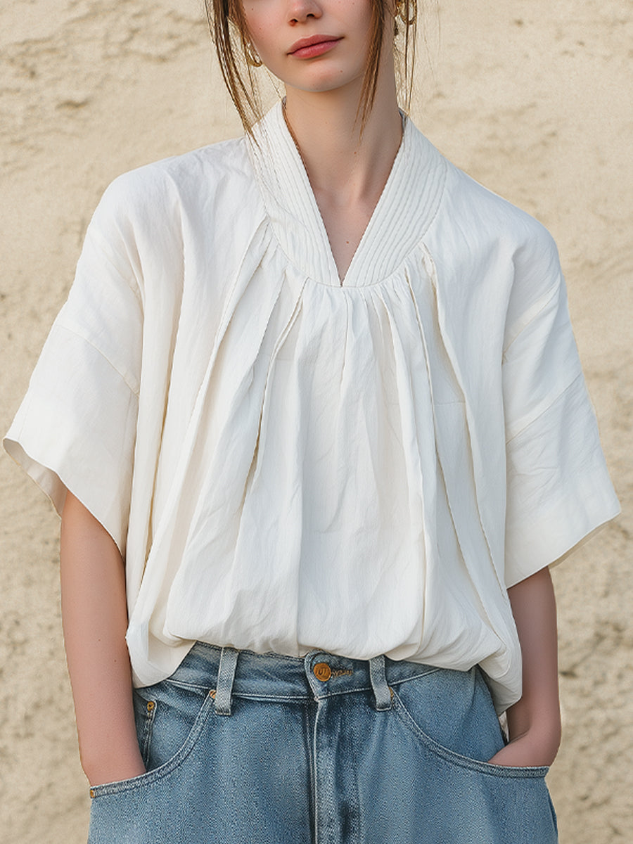 Pleated V-Neck Short Sleeve Blouse
