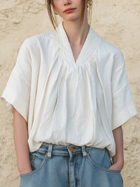 Pleated V-Neck Short Sleeve Blouse