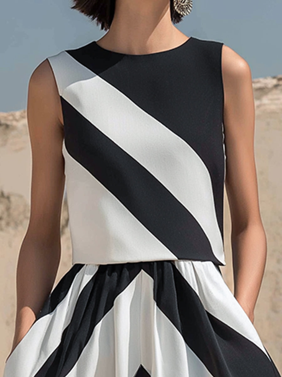 Sleeveless Geometric Print A-line Midi Skirt Set