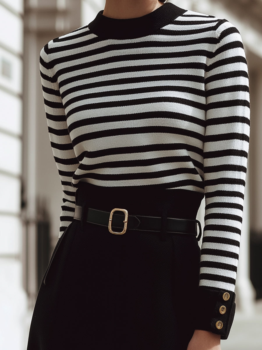 Black And White Striped Knit Top With High-Waist Black Midi Skirt