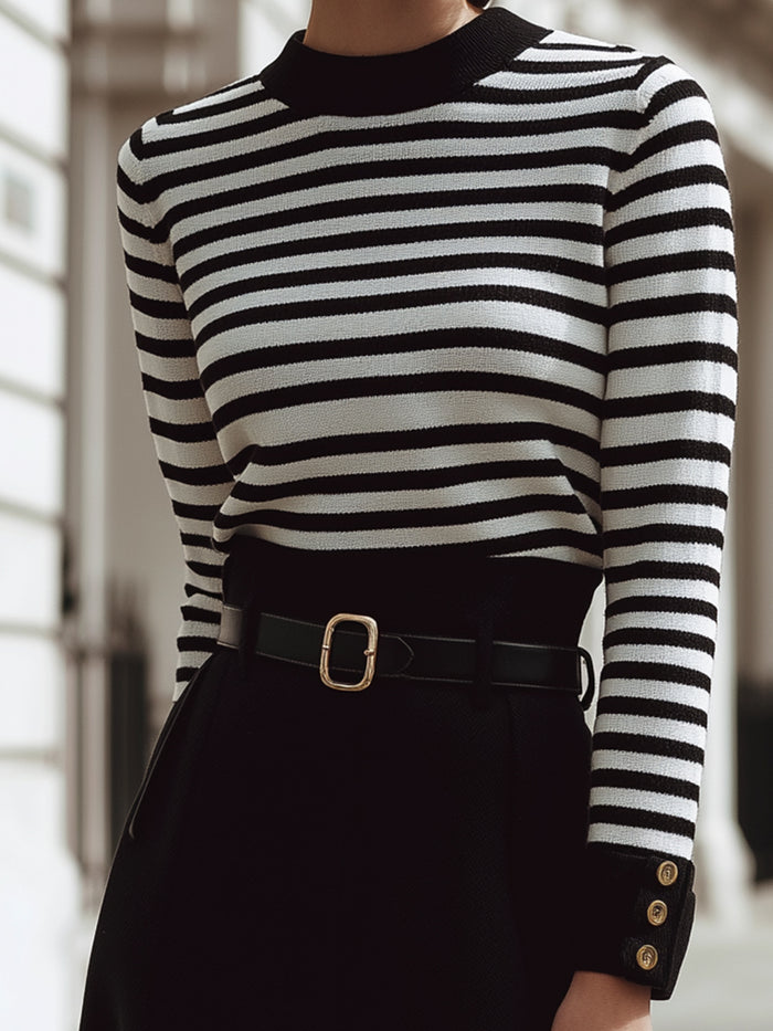 Black And White Striped Knit Top With High-Waist Black Midi Skirt