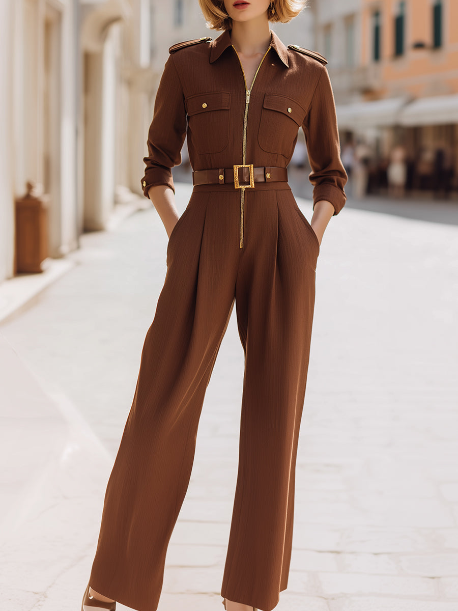 Caramel-Colored Military-Style Jumpsuit With Gold Details