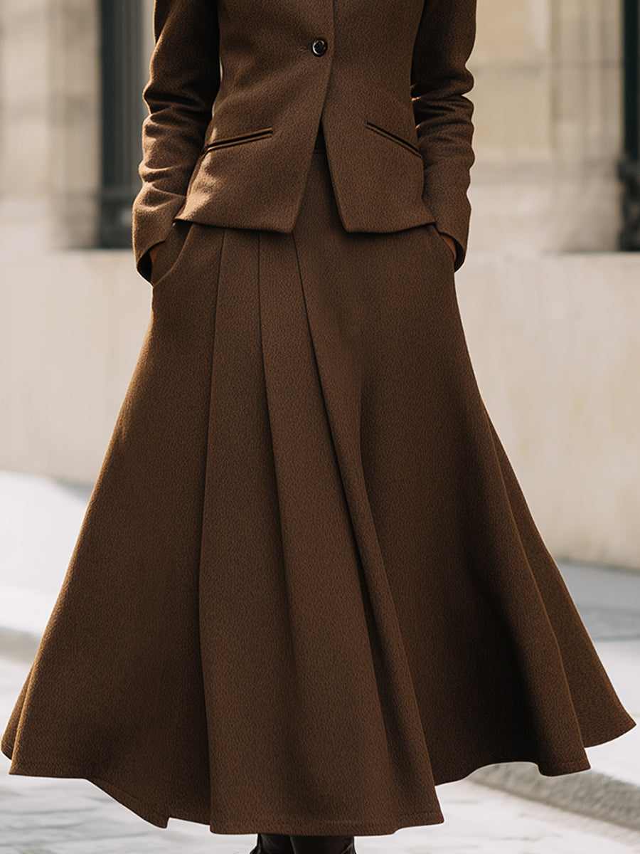 Chocolate Brown Pleated Skirt Suit With Stand Collar