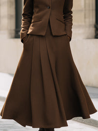 Chocolate Brown Pleated Skirt Suit With Stand Collar