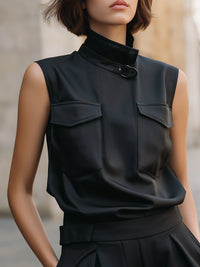 Black Sleeveless High-Neck Utility Blouse With Buckle Detail