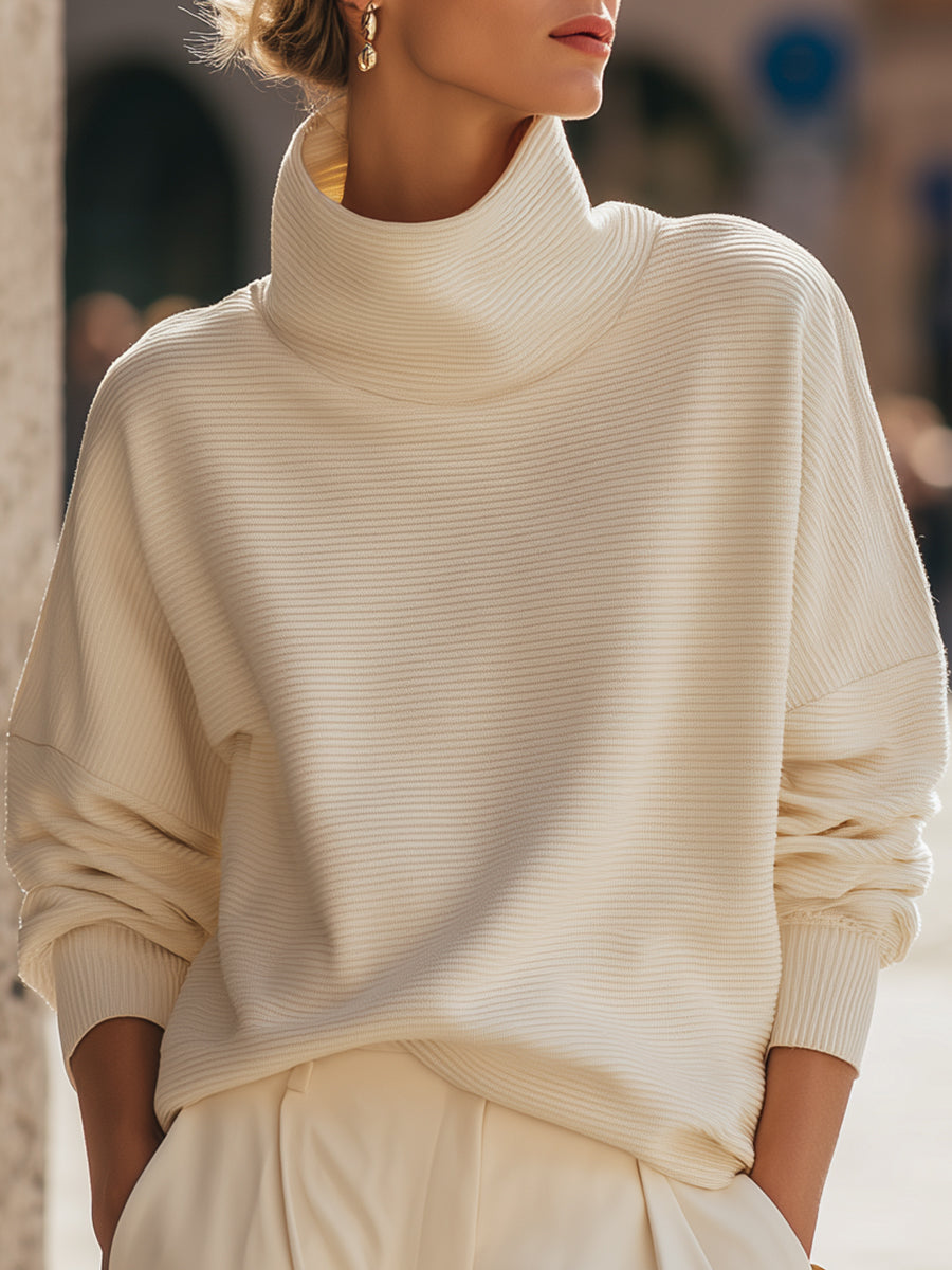 Cream Ribbed Turtleneck Sweatshirt