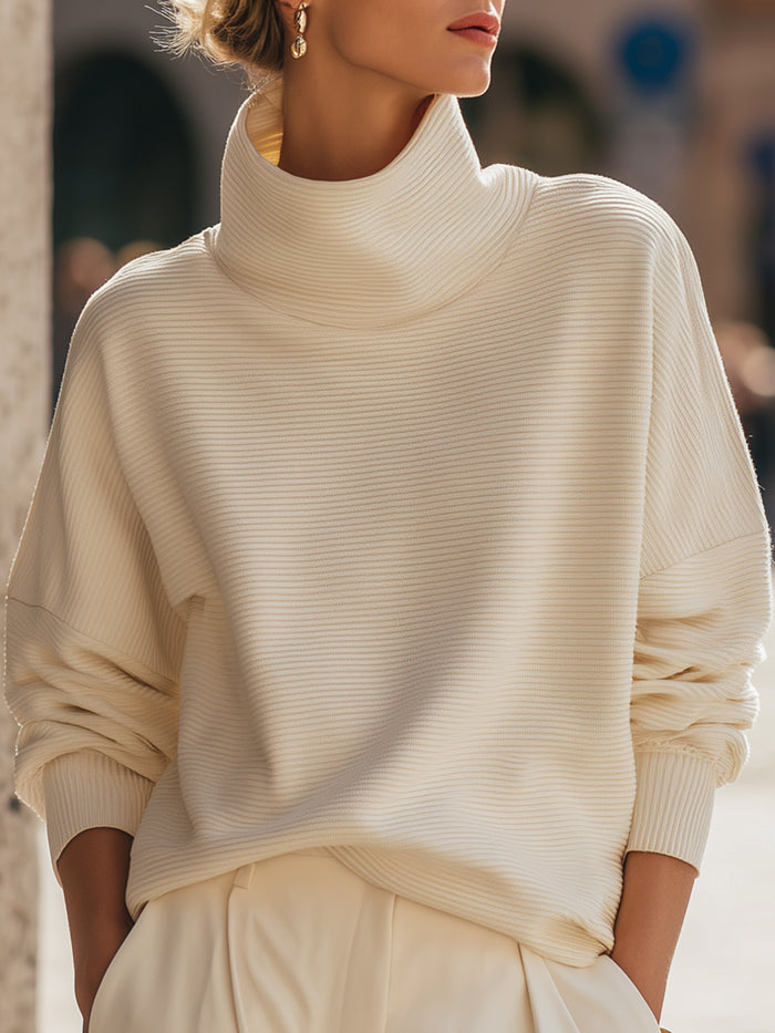 Cream Ribbed Turtleneck Sweatshirt