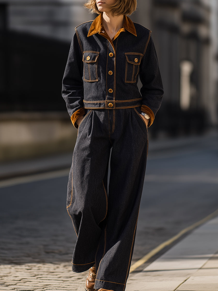 Dark Denim Jacket And Wide-leg Pants Set