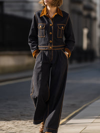 Dark Denim Jacket And Wide-leg Pants Set