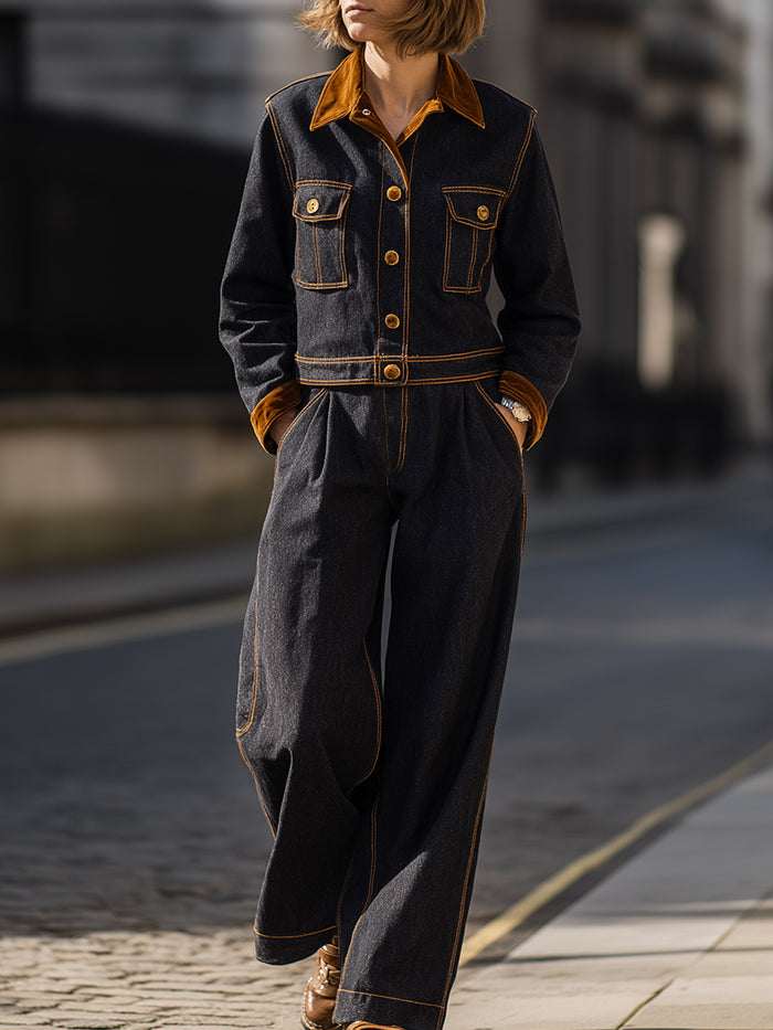 Dark Denim Jacket And Wide-leg Pants Set
