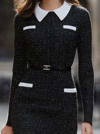 Tweed Contrast Collar Belted Dress
