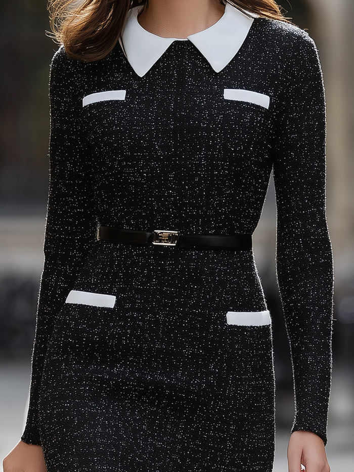 Tweed Contrast Collar Belted Dress