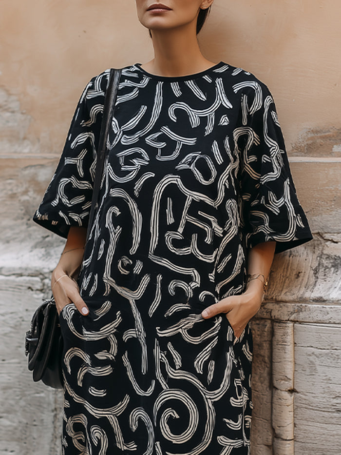 Abstract Print Short Sleeve Maxi Dress