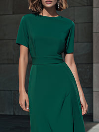 Tailored Short-Sleeve Waist-Defined Midi Dress