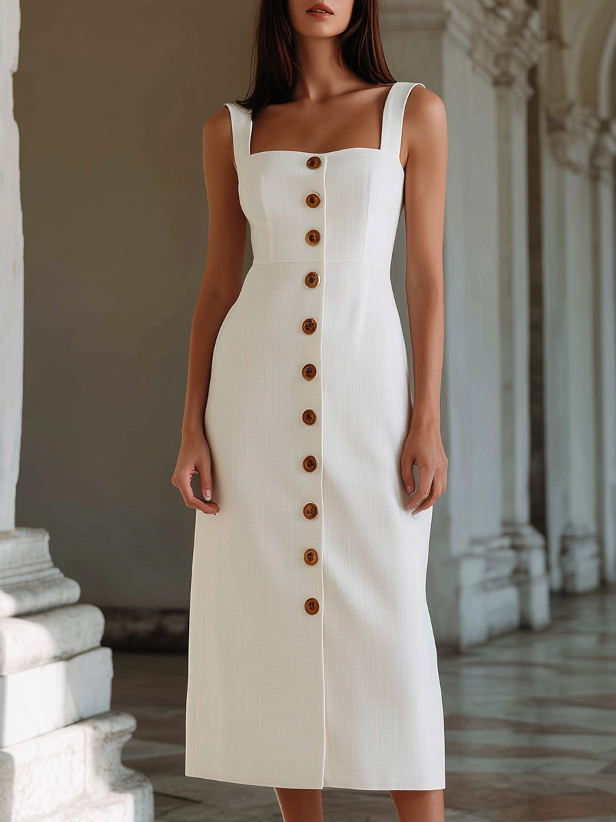 Square Neck Button-Front Fitted Midi Dress