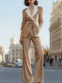 Velvet Belted Blazer Pantsuit With Crystal Lapels