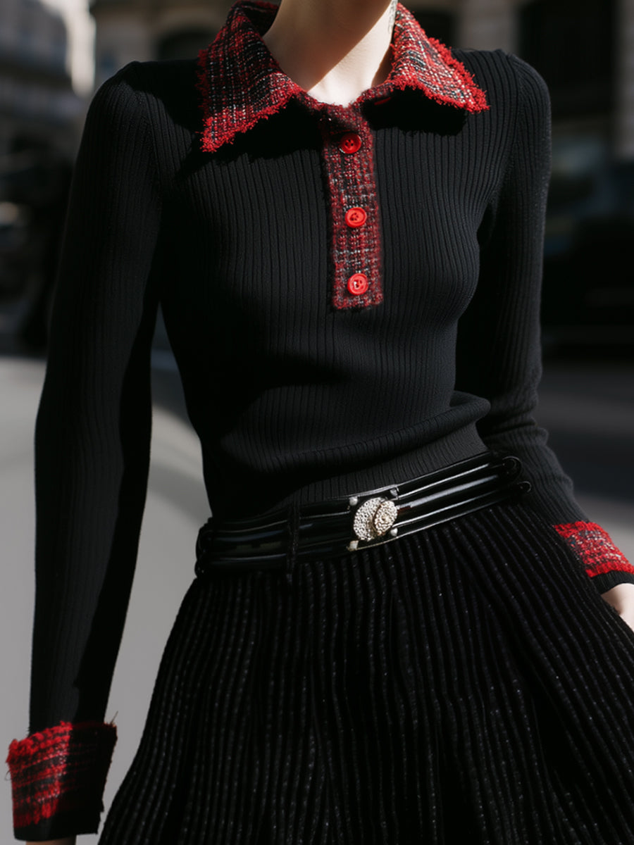 Tweed Contrast Collar Knit Top