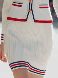 Chic White Knit Skirt Suit With Red And Blue Trim