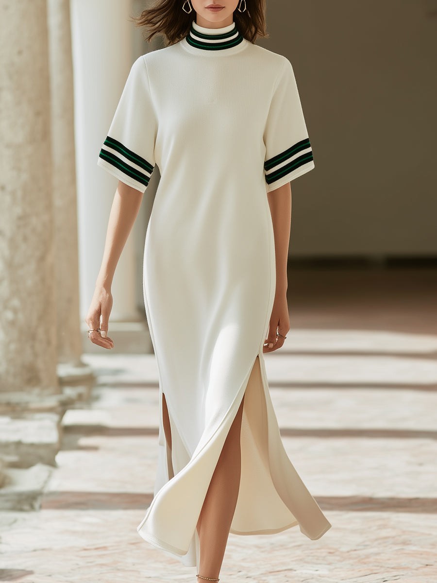 Striped Mock Neck Short Sleeve Slit Midi Dress