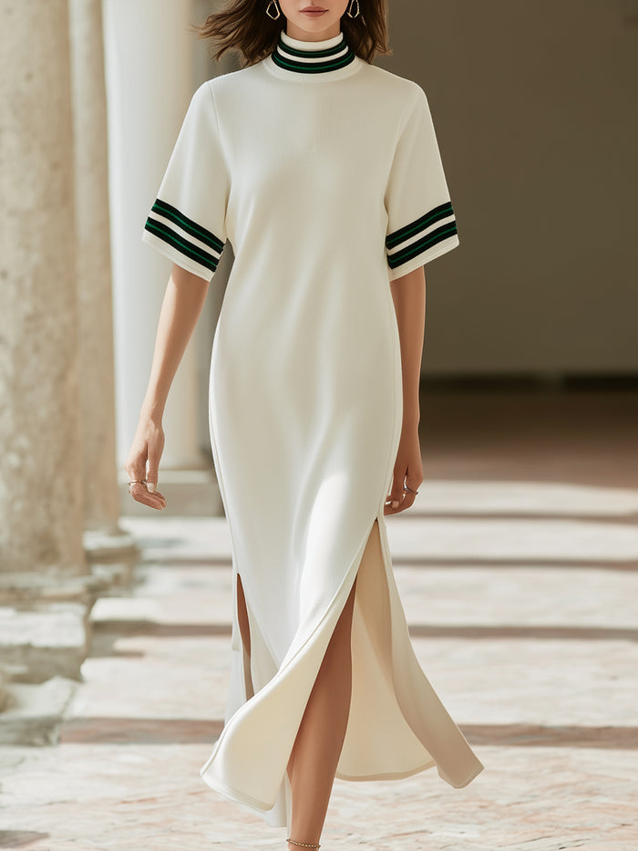 Striped Mock Neck Short Sleeve Slit Midi Dress
