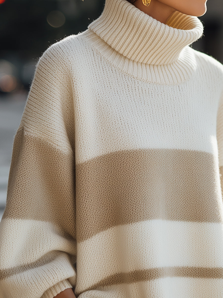 Beige And Ivory Striped Turtleneck Sweater